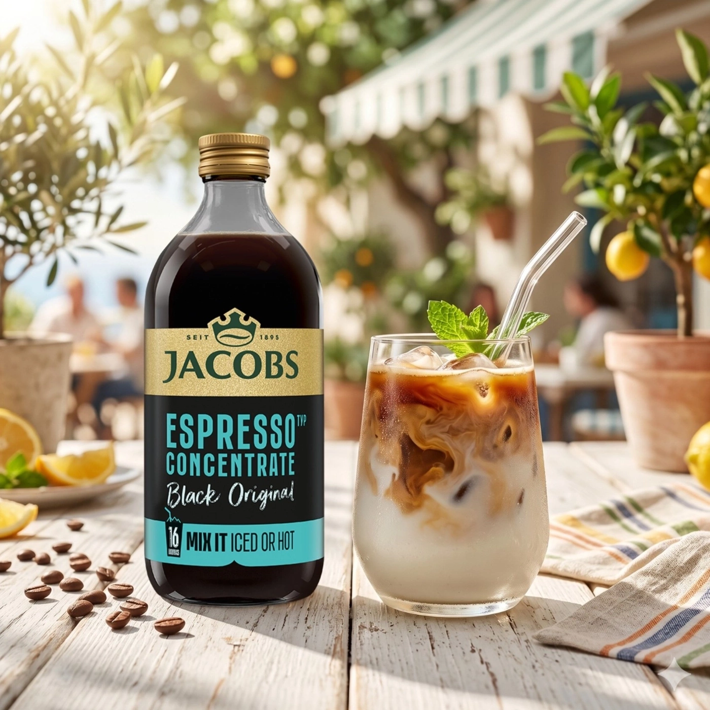 Jacobs Espresso Konzentrat Black Original mit Eis und Milch in einem Glas