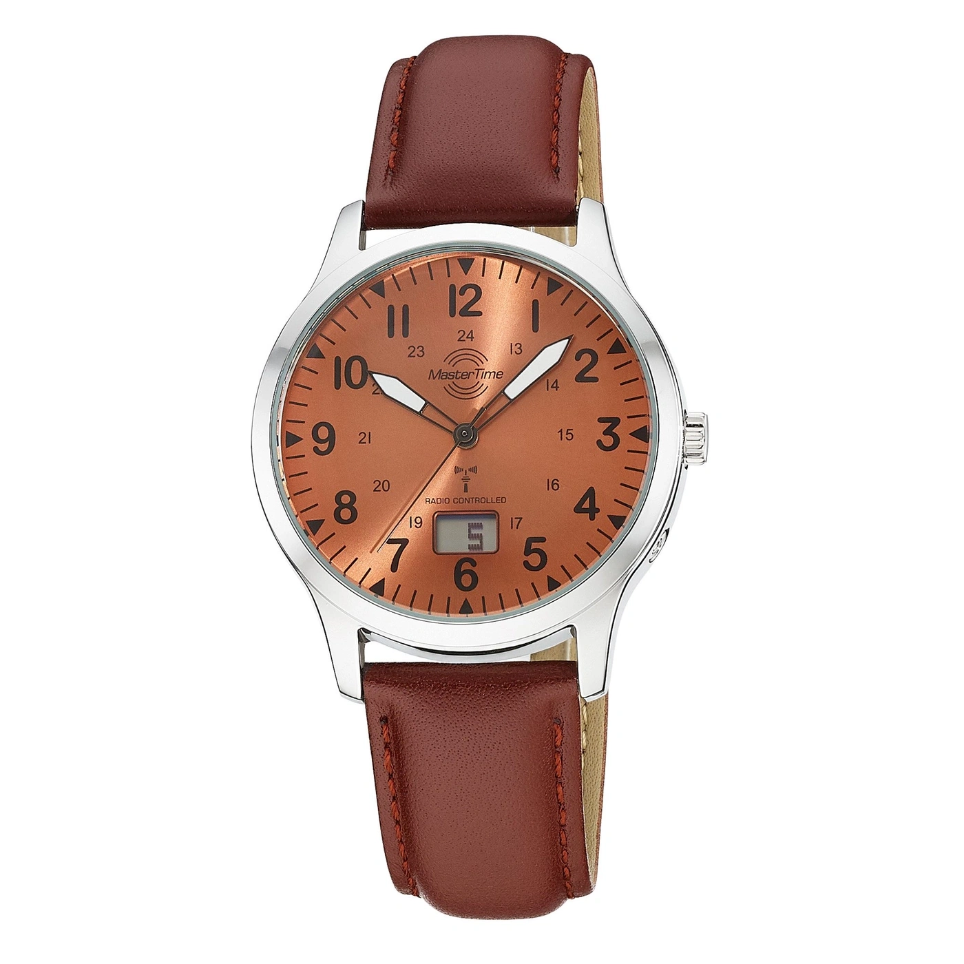 Herrenuhr mit braunem Lederarmband und orangefarbenem Zifferblatt
