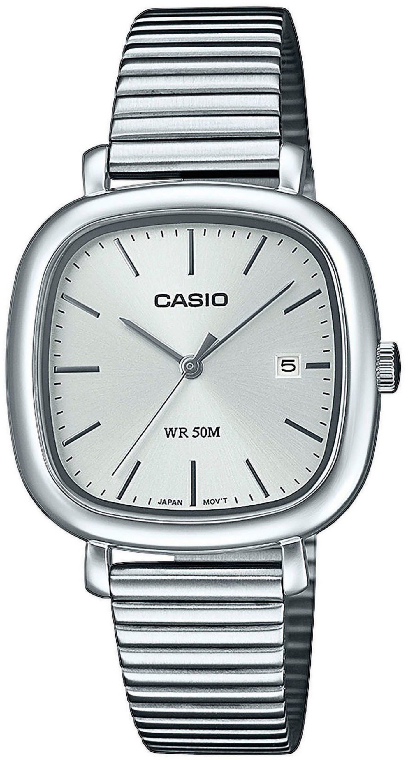 Silbernes Casio Armbanduhr mit Datumsanzeige und
metallband.