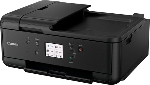 Schwarzer Canon-Drucker mit Home-Taste, Kopier-, Scan-, Fax- und Druckfunktionen.