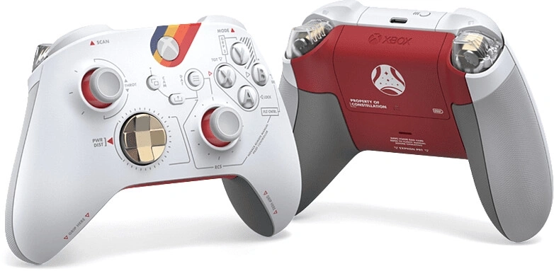 Xbox Controller mit dem Thema Weltraummission und Constellation-Logo.