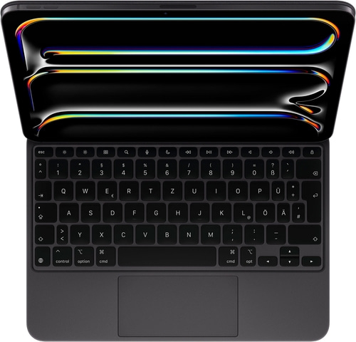 Dunkles Apple iPad mit Tastatur und Touchpad, Nahaufnahme