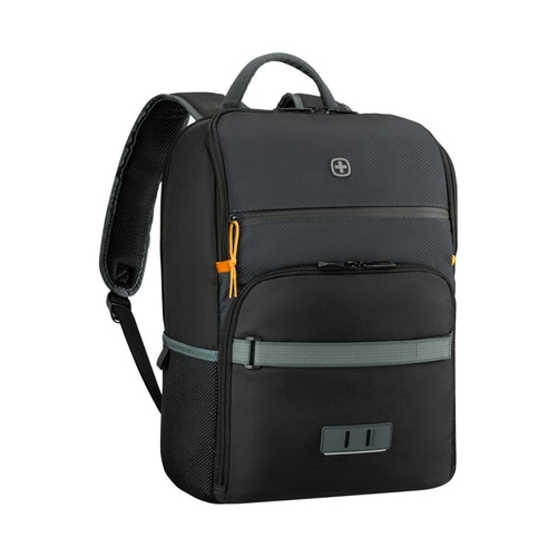 Schwarzer Rucksack mit grauem Griff und orangefarbenen Akzenten, Wenger-Logo