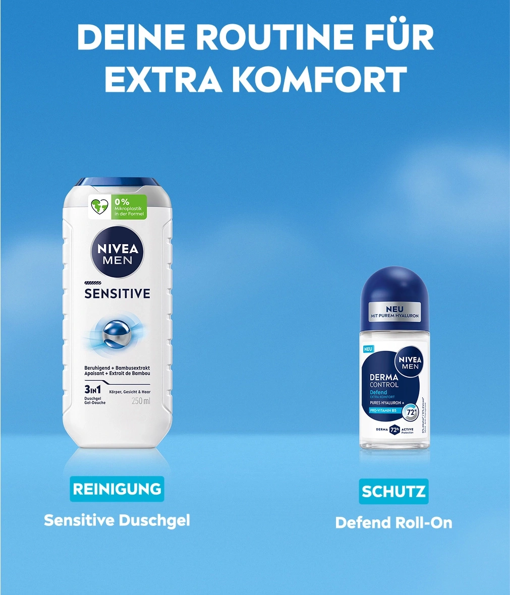 Nivea Men Sensitive Duschgel und Defend Roll-On für extra Komfort