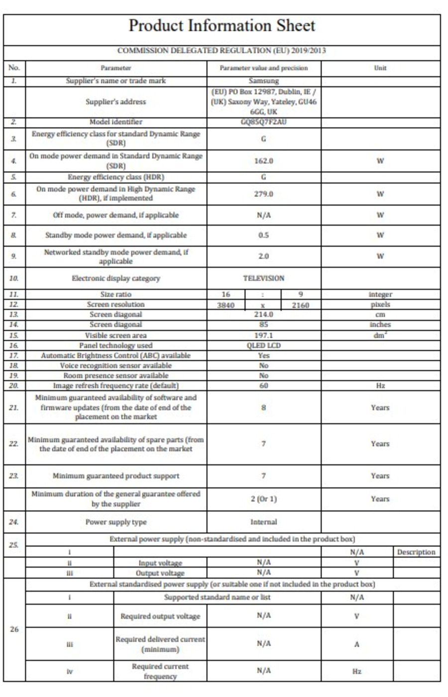 Produktinformationsblatt mit technischen Daten zu Energieeffizienz, Bildschirm und Stromversorgung.