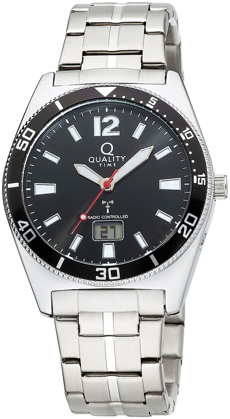 Silberne Uhr mit schwarzem Zifferblatt, Zahlen und Datum. Qualität Zeit.