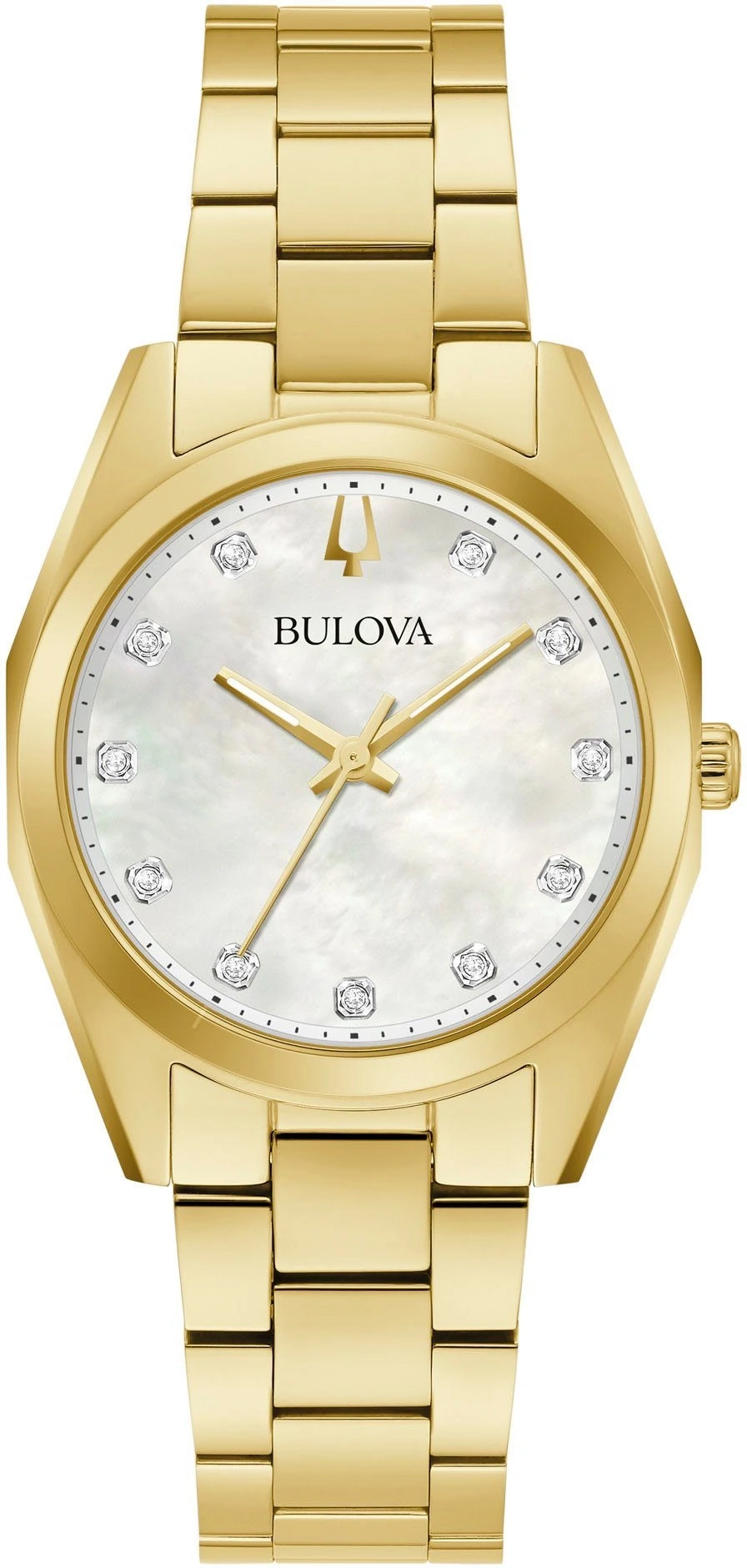 Goldene Bulova-Uhr mit Diamanten, elegantes Design, luxuriöses Accessoire, Damenuhr