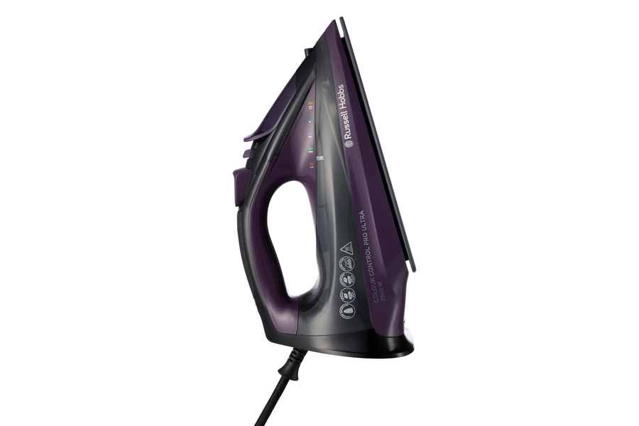 Dampfbügeleisen von Russell Hobbs, lila und schwarz, mit Farbklarheit und 2800 W Leistung.