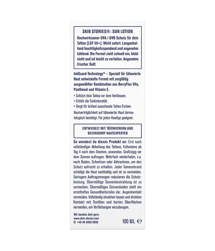 Sonnenlotion für Tattoos, schützt vor Verblassen, erhöht Farbintensität, entwickelt mit Tätowierern