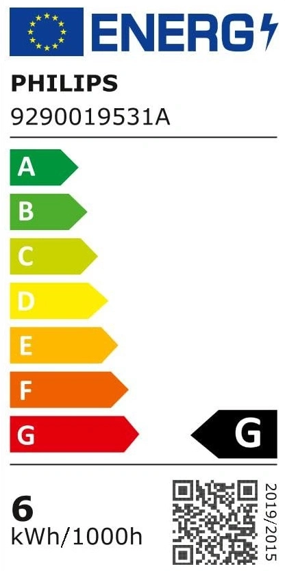 Energieeffizienzlabel mit Philips Logo, Modellnummer und Energieklasse G