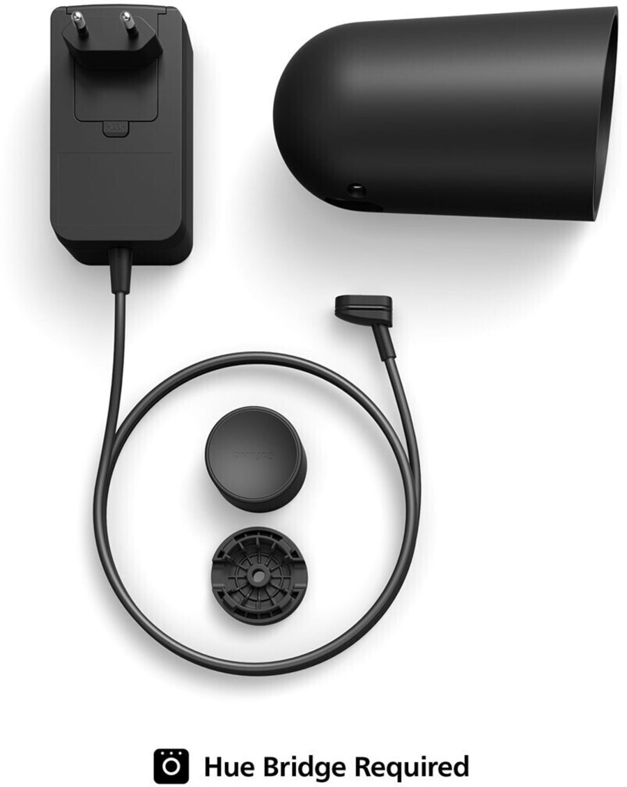 Schwarzes Gerät mit Kabel, Stecker und Zubehör. Hue Bridge erforderlich.