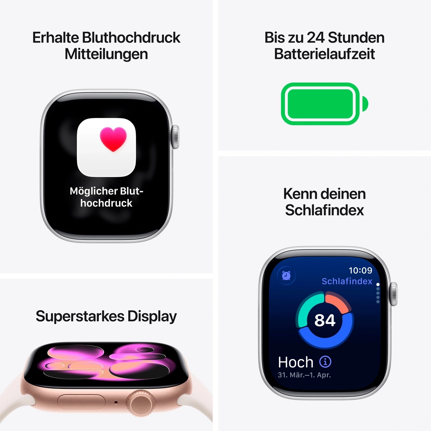Smartwatch mit Gesundheitsfunktionen wie Blutdruck und Schlafanalyse.