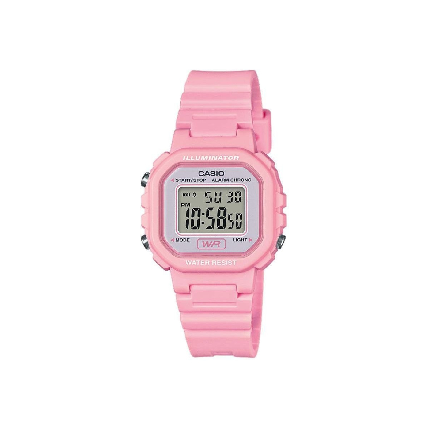 Rosa Casio Uhr mit digitaler Anzeige, Wasserdicht und Beleuchtung.