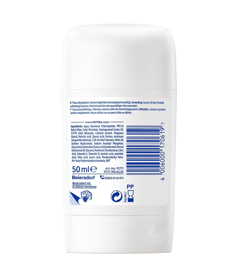 Nivea Deostick mit Inhaltsstoffen, Volumen und Barcode