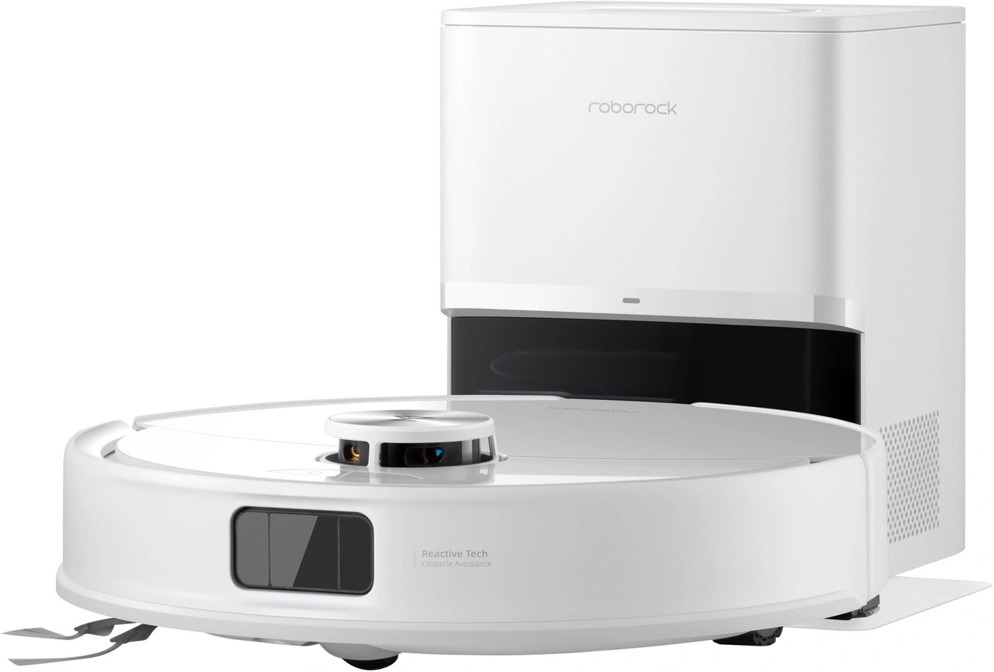 Ein weißer Saugroboter mit Dockingstation von Roborock mit Hindernisvermeidungstechnologie