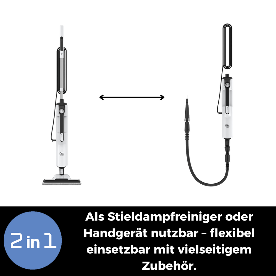 Ein Dampfreiniger im Stiel- und Handgeräte-Modus mit Zubehör im 2-in-1-Design.