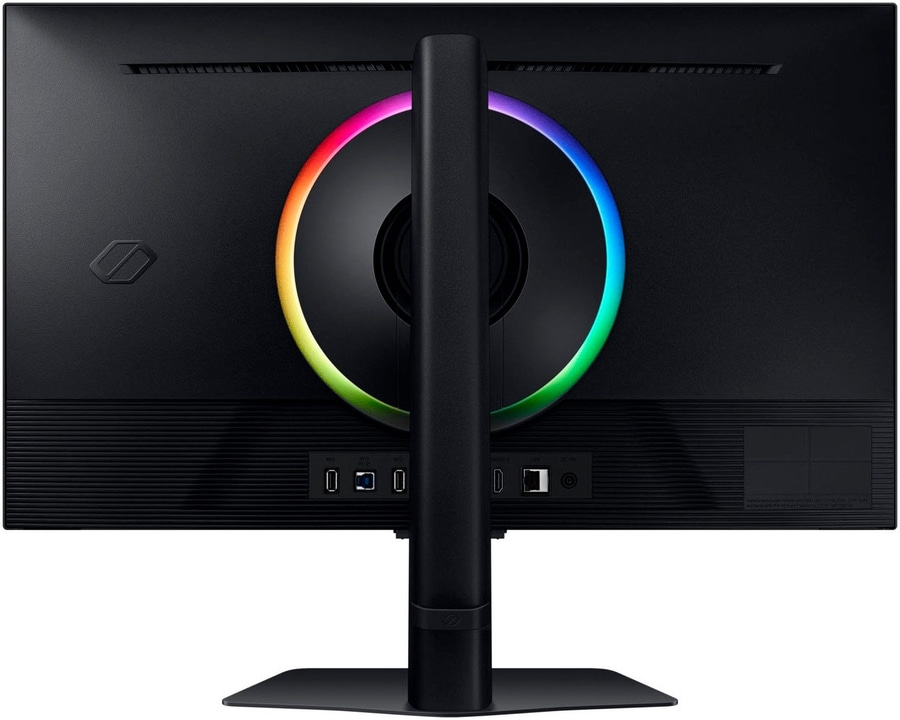 Rückseite eines schwarzen Monitors mit RGB-Beleuchtung und Anschlüssen