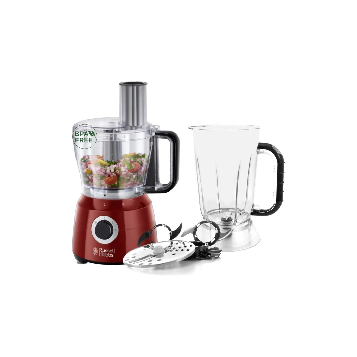 Ein roter Russell Hobbs Food Processor mit Zubehör auf weißem Hintergrund.