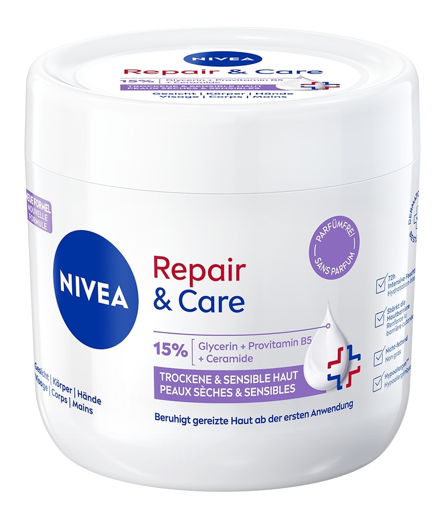 Nivea Repair & Care Creme für trockene und sensible Haut, 15% Glycerin.