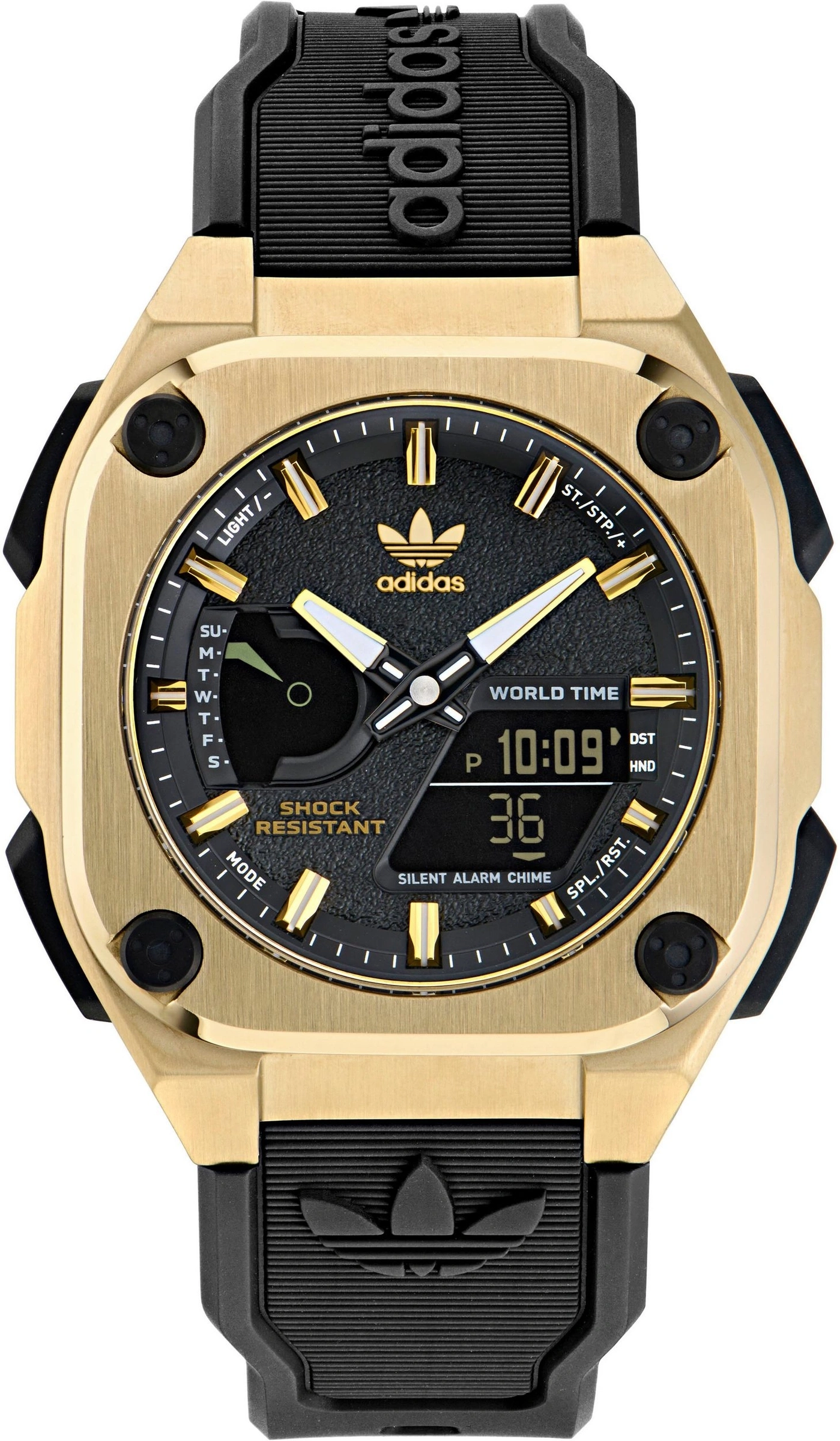 Adidas Uhr mit goldenem Gehäuse, schwarzem Zifferblatt und Logo