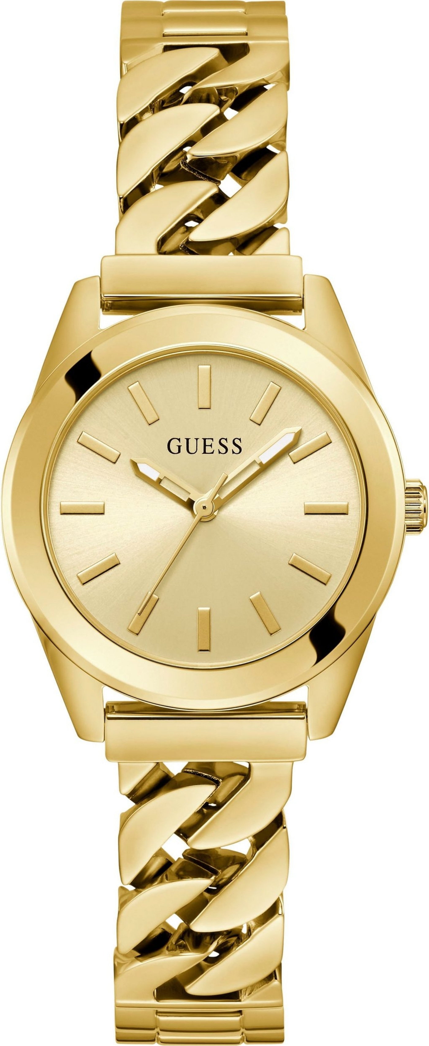 Goldene Guess-Uhr mit goldenem Armband und rundem Zifferblatt. Elegantes Design.