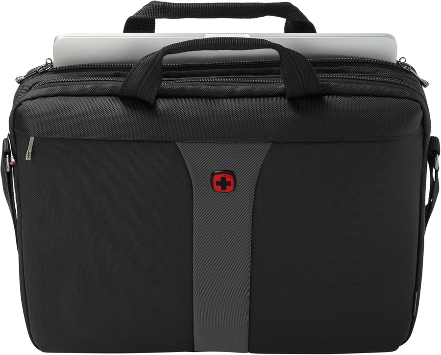 Schwarze Laptoptasche mit rotem Kreuz, Griffen und Reißverschluss, Laptop drin.