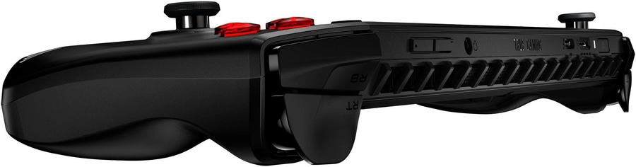 Schwarzer Gamecontroller mit roten Knöpfen und seitlichen Tasten für Gaming-Enthusiasten.