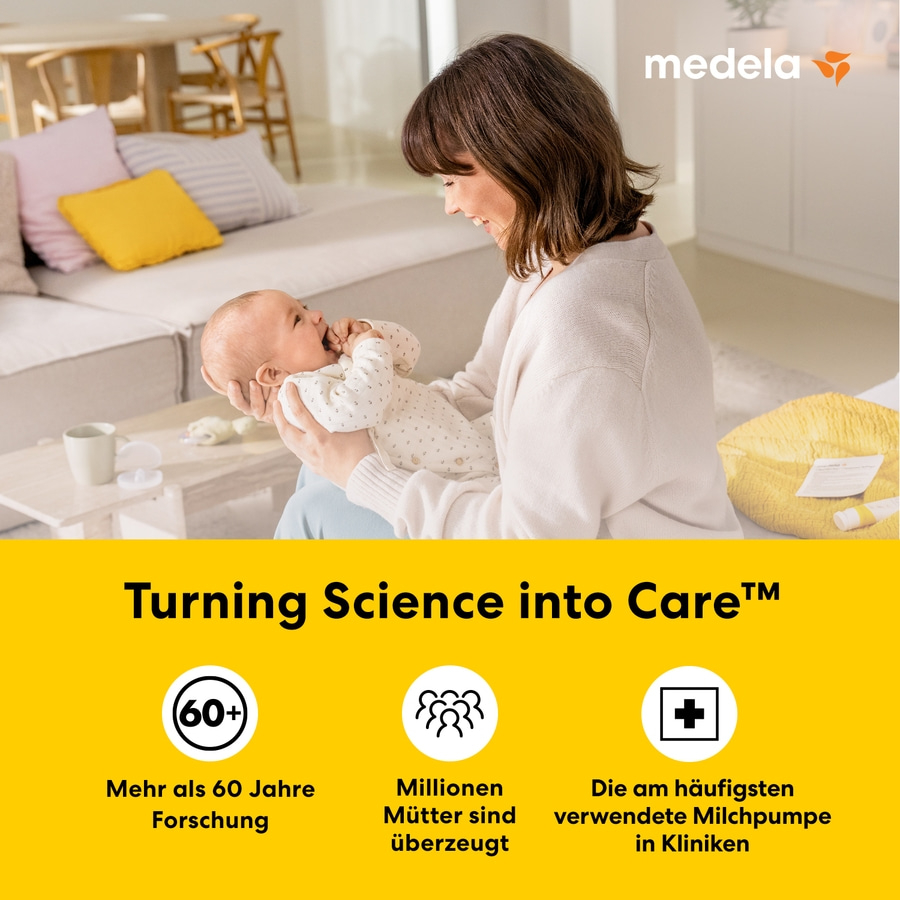 Medela Mutter mit Baby, "Turning Science into Care" mit drei Icons und Text.