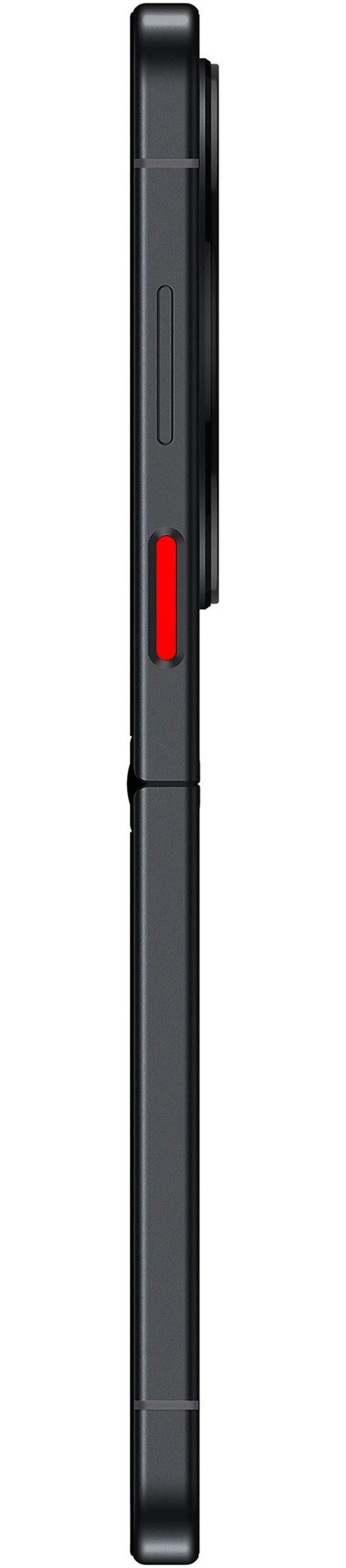 Schwarzes Smartphone mit rotem Schalter und Kamera. Vertikale Ansicht, Detailaufnahme.