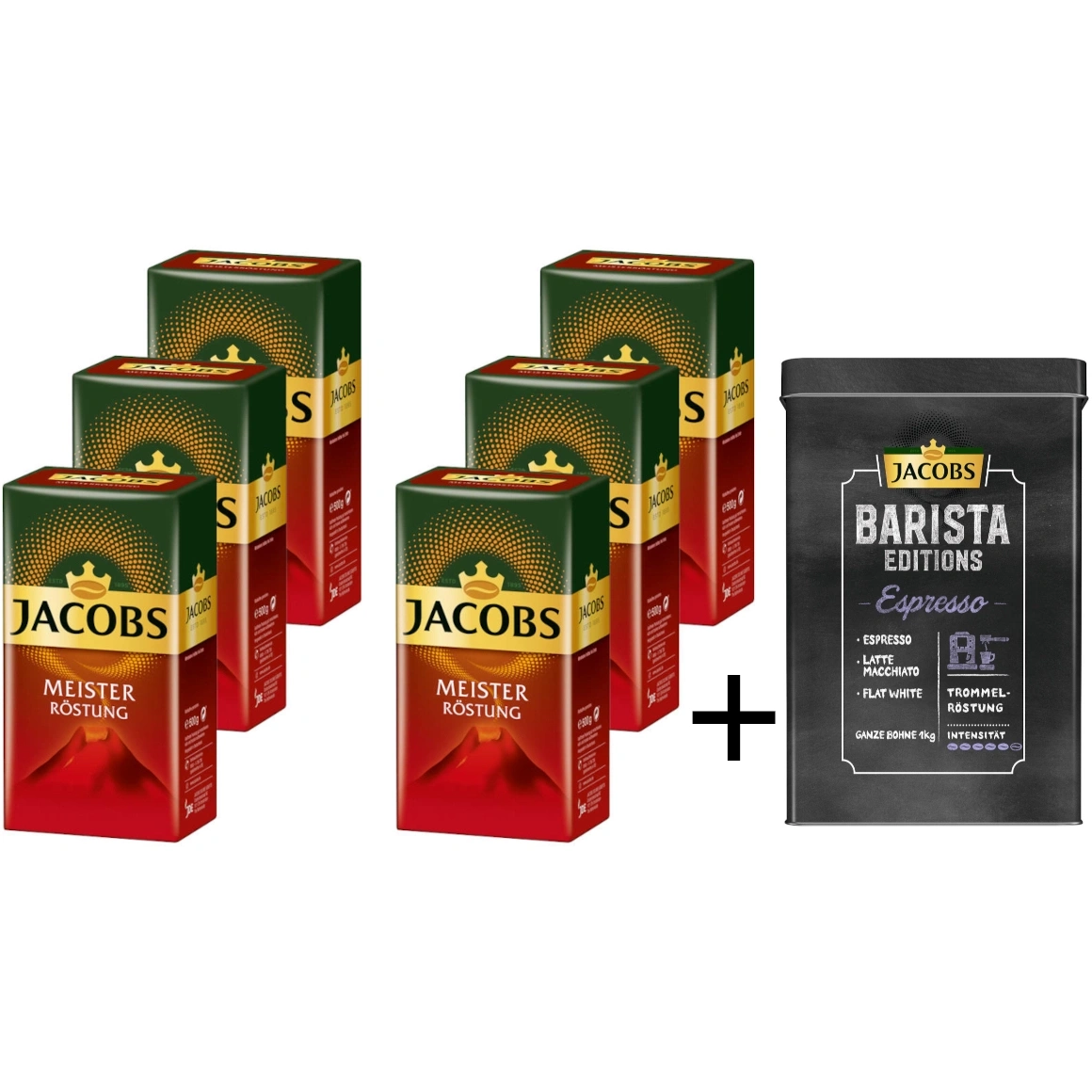 Fünf Packungen Jacobs Meister Röstung und eine Dose Jacobs Barista Editionen Espresso Kaffeebohnen