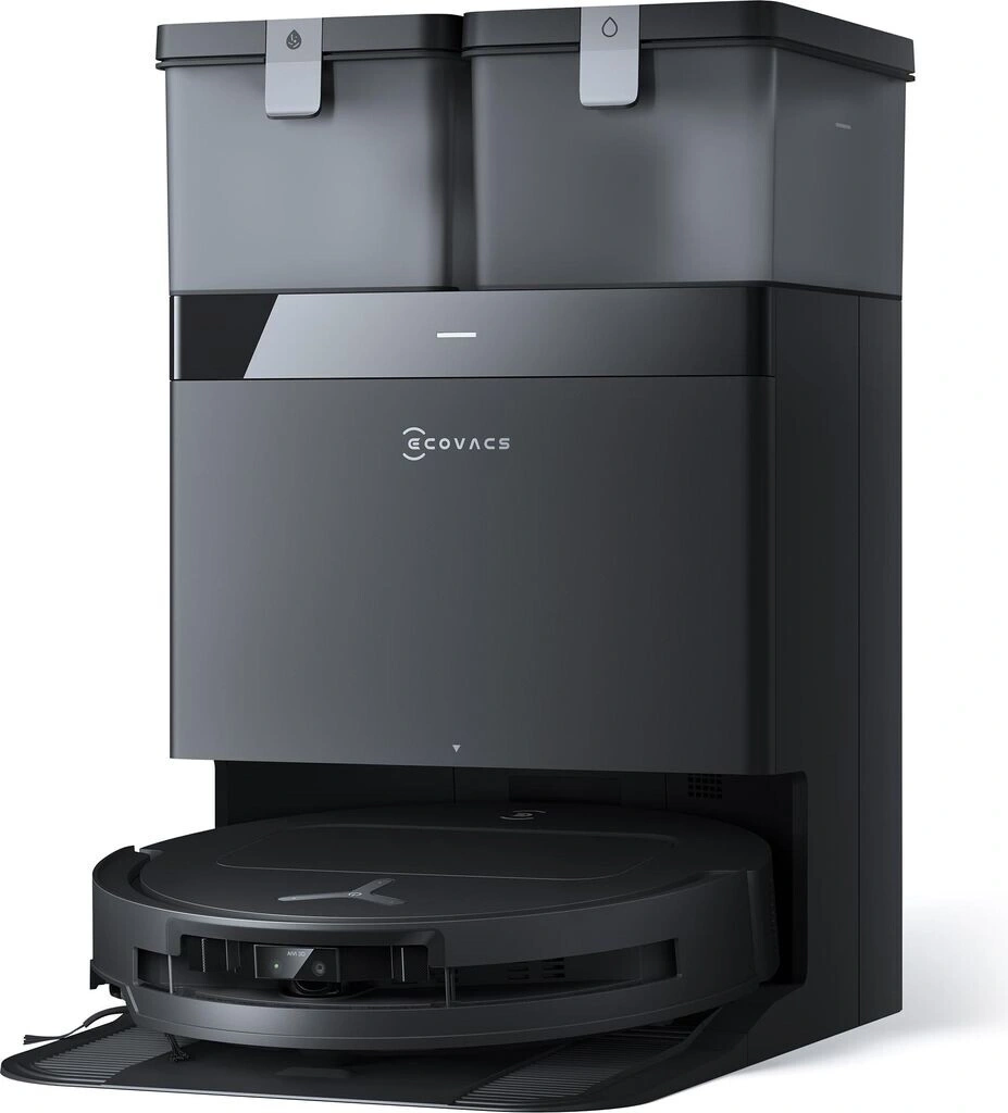 Schwarzer Roboter-Staubsauger mit Ladestation und ECOVACS-Logo. Modernes Design.