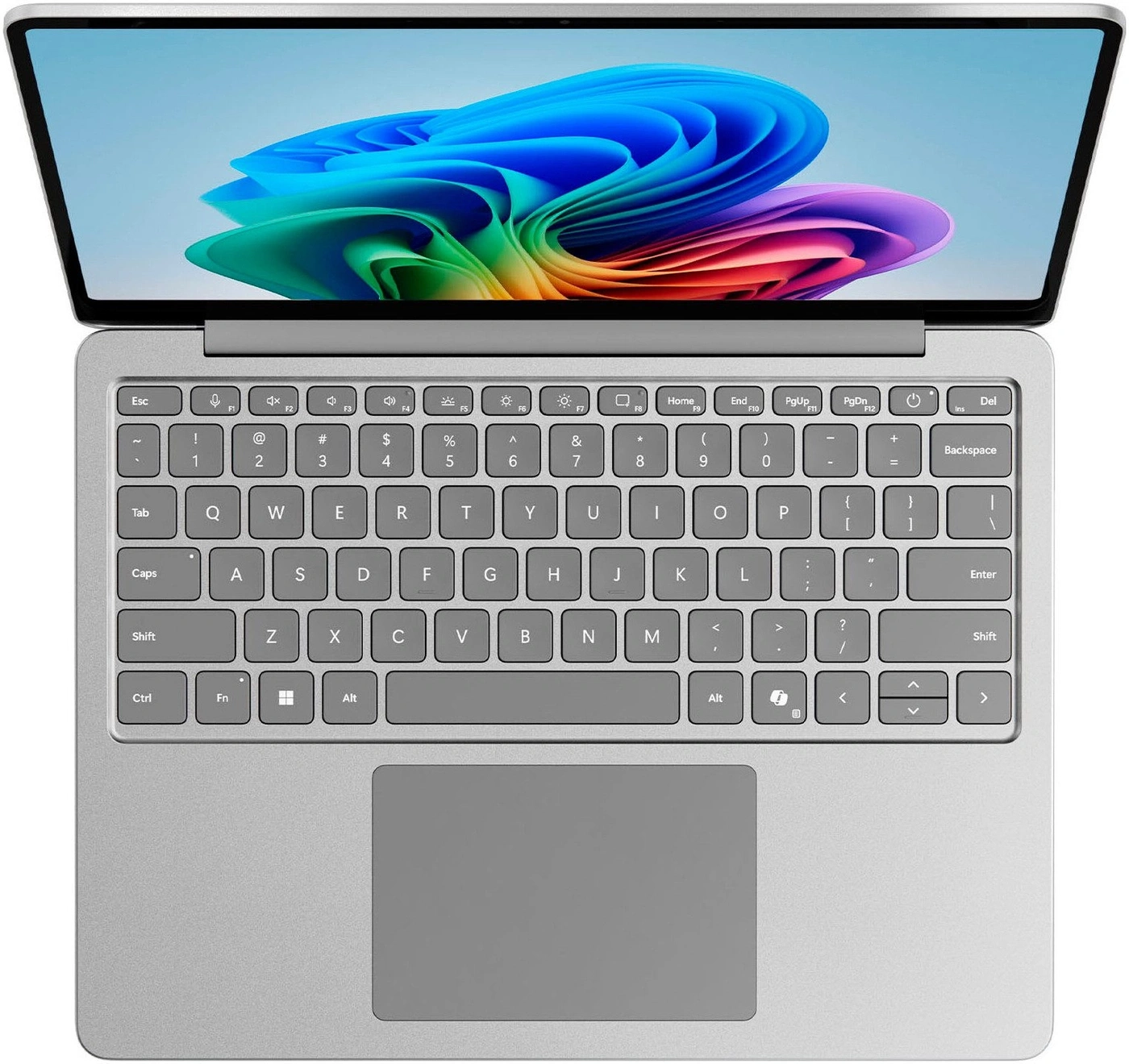 Laptop mit offenem Bildschirm, Tastatur und Touchpad