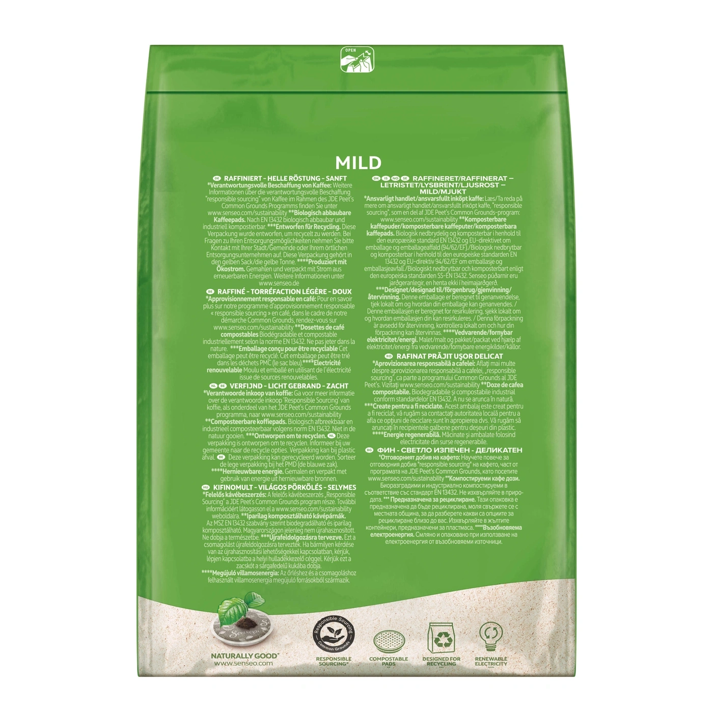 Grüne Kaffeeverpackung mit Text, Logo und Informationen zu verantwortungsvoller Beschaffung und Recycling.