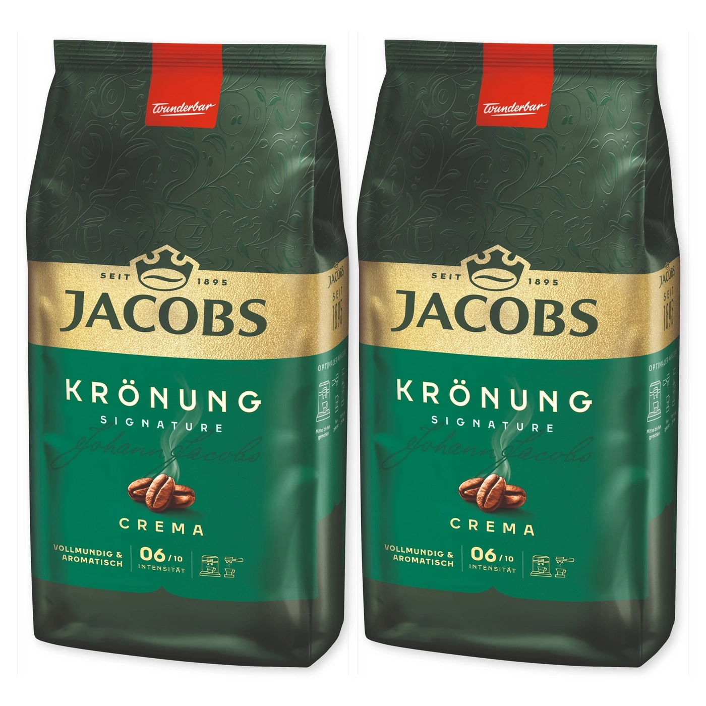 Zwei Packungen Jacobs Krönung Signature Crema Kaffee.