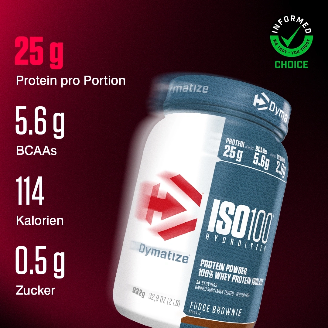 Dymatize ISO 100 Hydrolyzed Protein Powder Fudge Brownie mit 25g Protein.