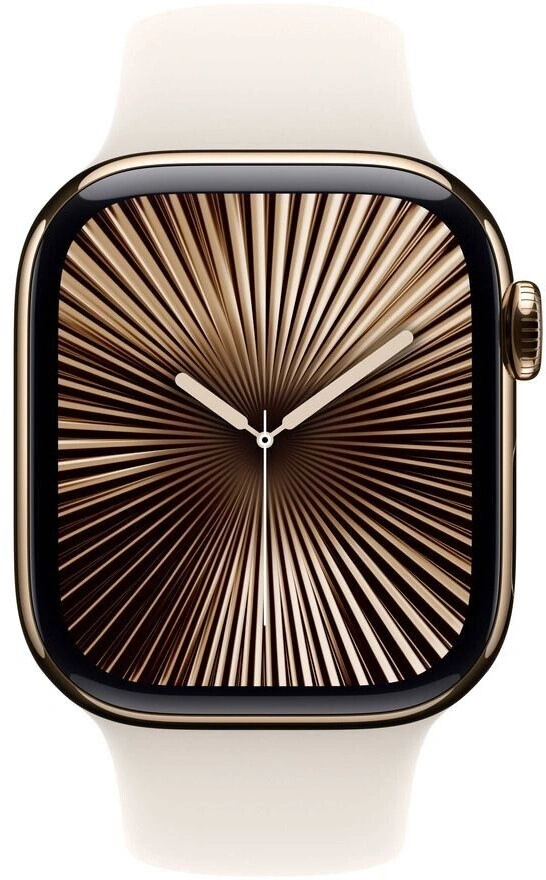 Goldene Smartwatch mit abstrakter Lünette und hellem Armband