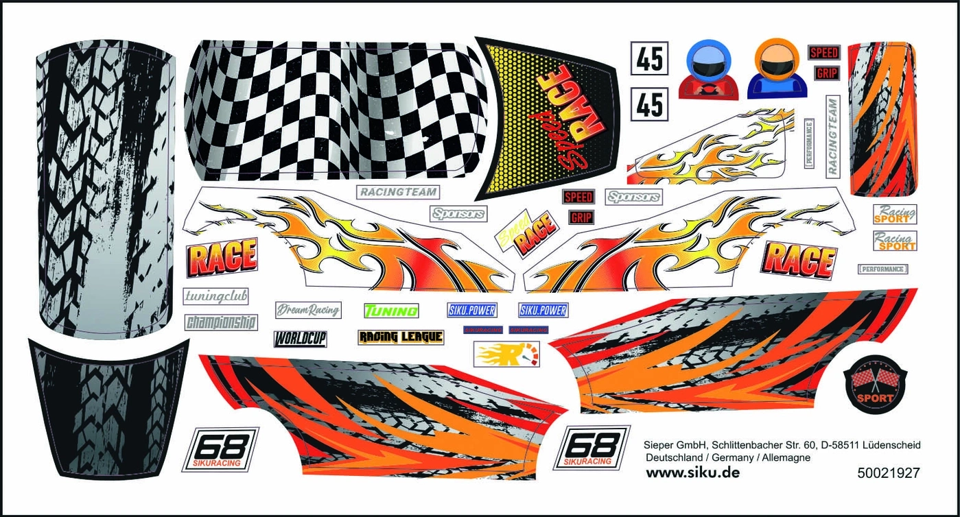 Aufkleber für ein Rennauto mit Flammen, Karomuster und Sponsorenlogos.