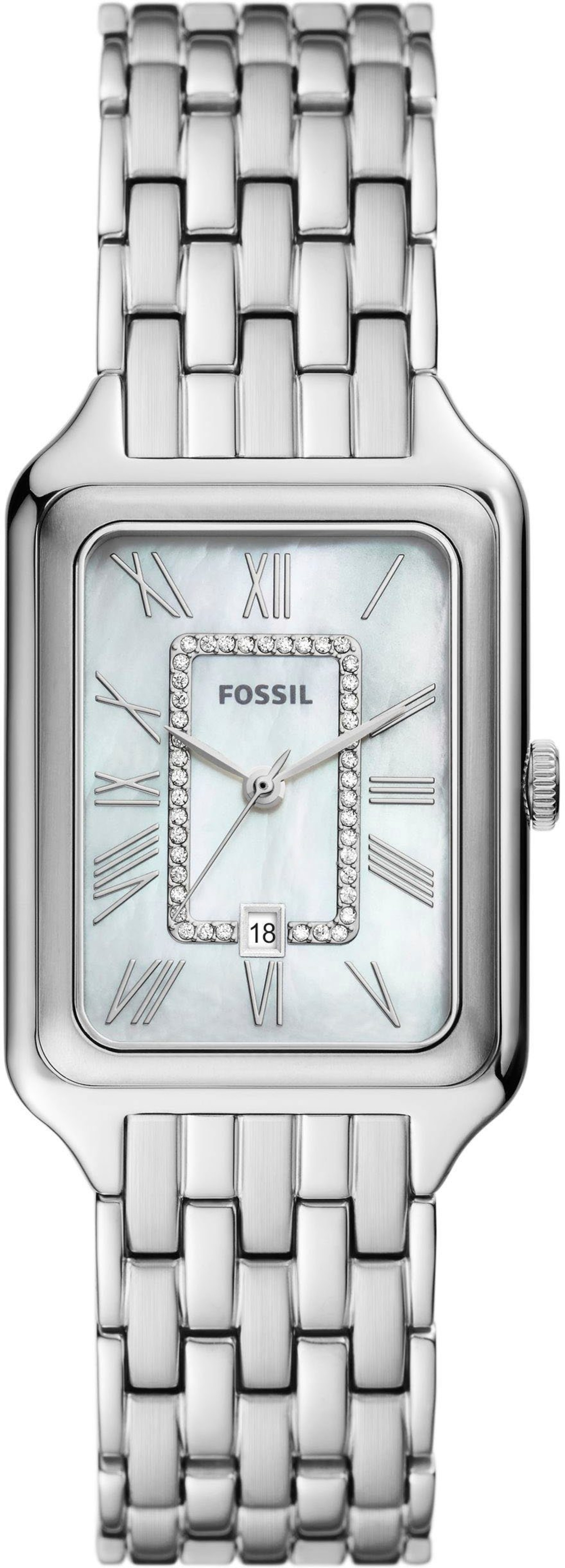 Fossil Damenuhr, silbernes Armband, rechteckiges Zifferblatt, römische Ziffern, Datum, Schmucksteine