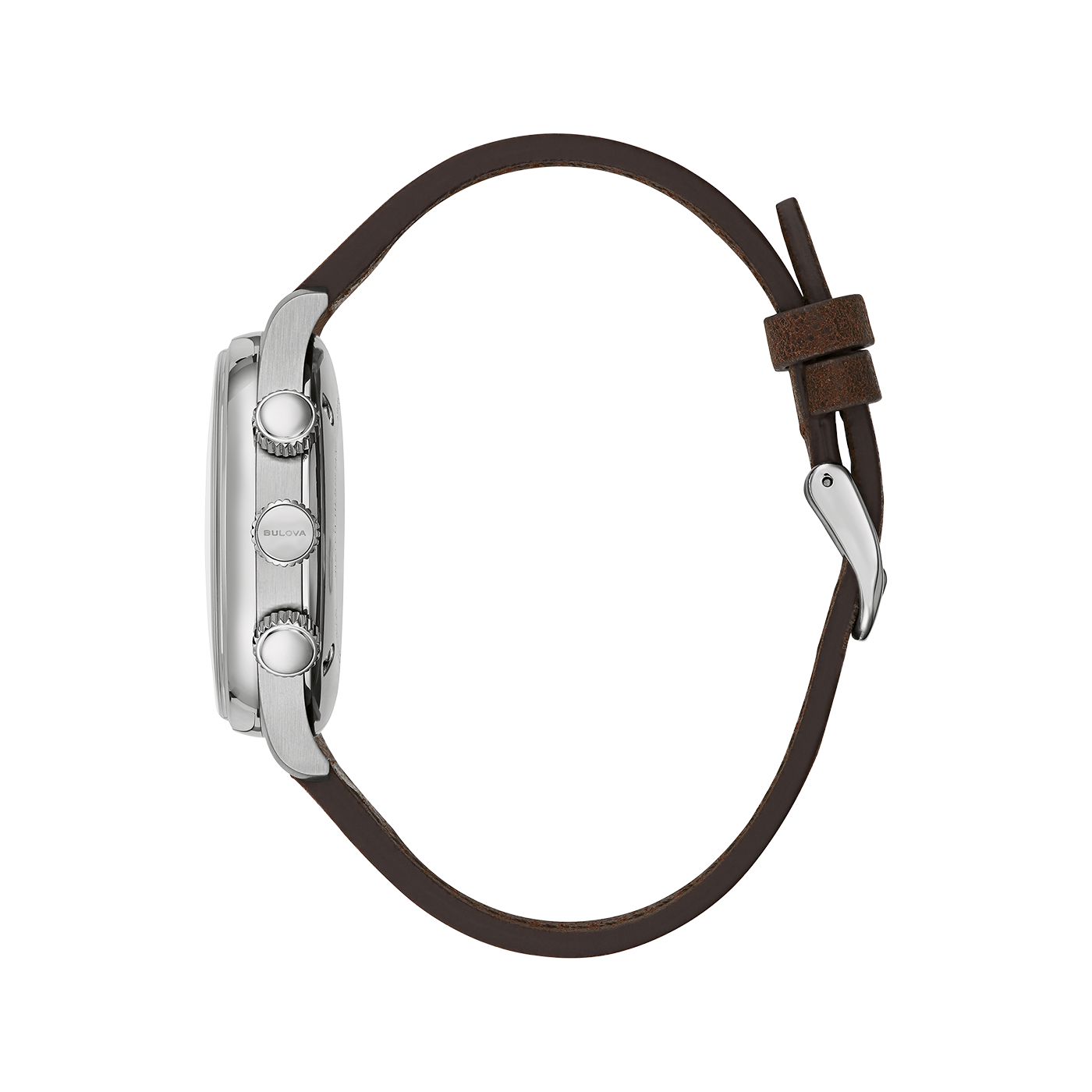 Bulova-Uhr mit braunem Lederarmband und silbernem Gehäuse, Seitenansicht
