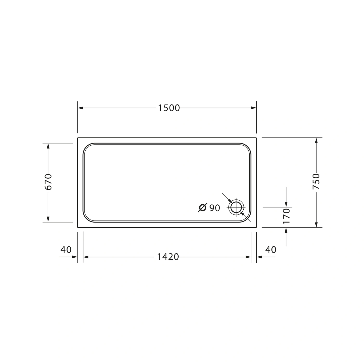 Badewanne mit Maßen: 1500x670x750mm, Durchmesser 90mm, 40mm, 1420mm, 170mm