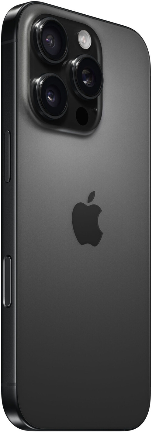 Dunkelgraues iPhone mit drei Kameras und Apple-Logo auf der Rückseite.