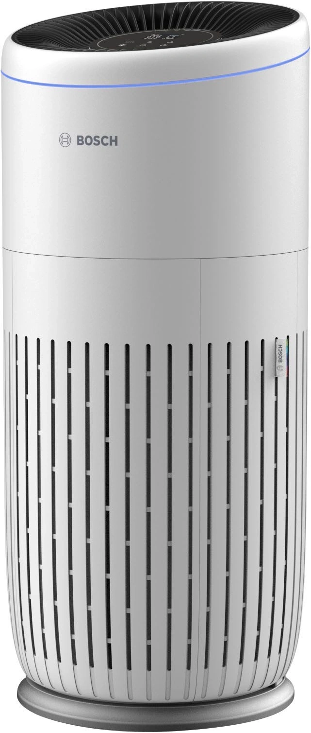 Ein weißer Bosch Luftreiniger mit Lüftungsschlitzen und blauer Beleuchtung.