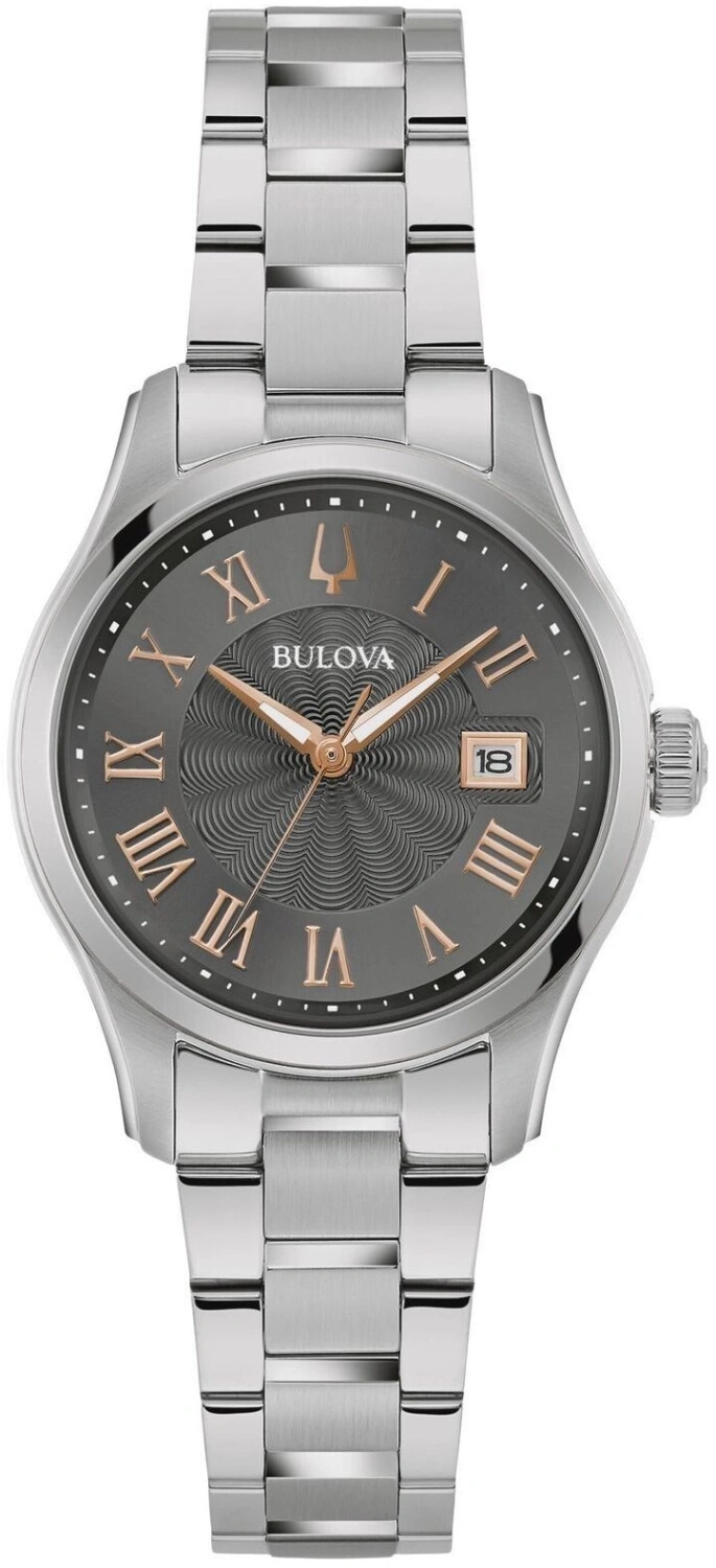 Bulova-Uhr mit römischen Ziffern und Datumsanzeige, silbernes Armband
