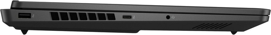 Schwarzer Laptop mit diversen Anschlüssen und Lüftungsschlitzen.