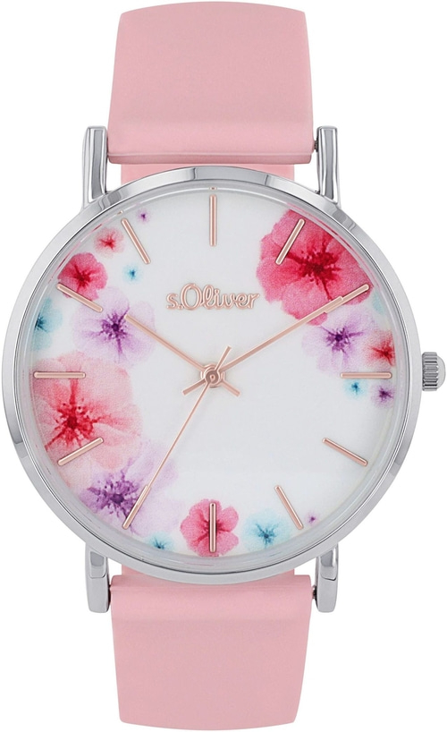 Rosa Uhr mit Blumenmuster und rosa Armband, s.Oliver.