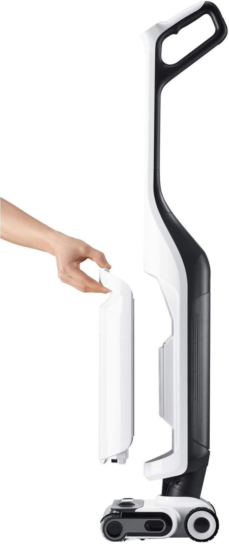 Staubsauger, weiß und schwarz, mit Hand, die ein Teil abnimmt