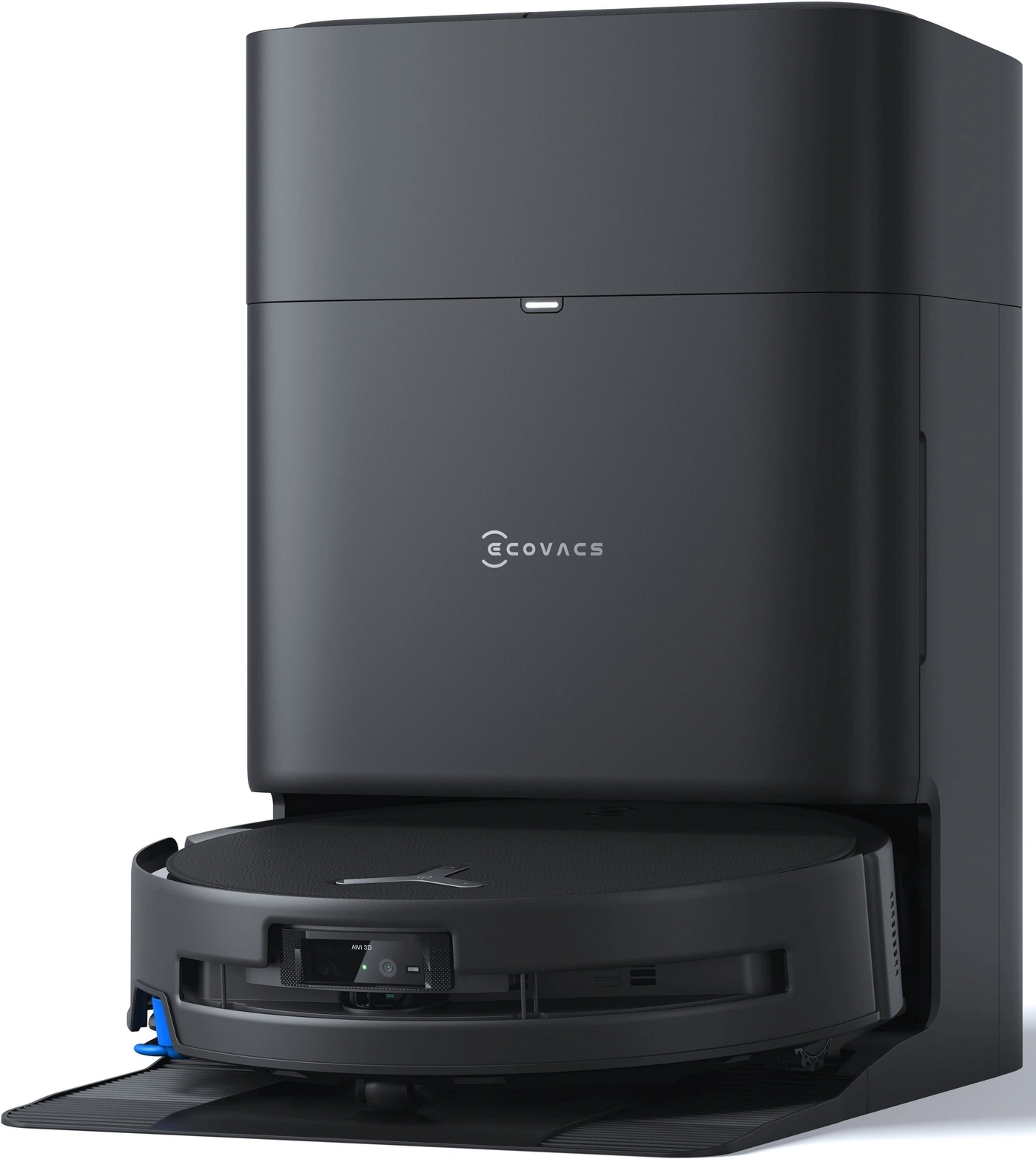 Schwarzer Saugroboter mit Dockingstation und "ECOVACS" Logo