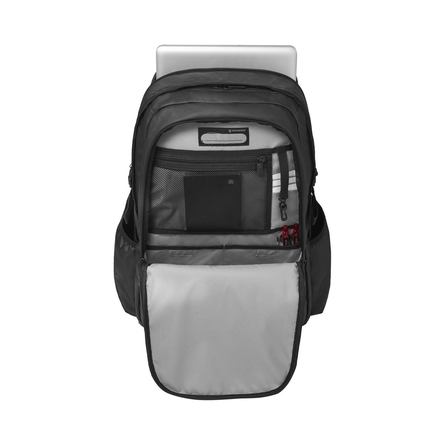 Schwarzer Rucksack mit Laptop, offen, viele Fächer, Marke Victorinox, Innenansicht