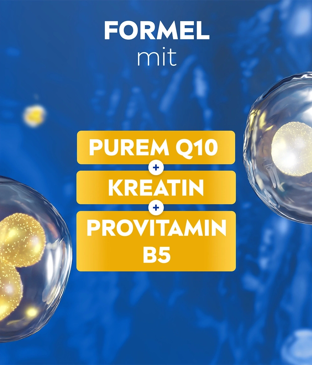 Formel mit purem Q10, Kreatin und Provitamin B5, umgeben von Zellen.