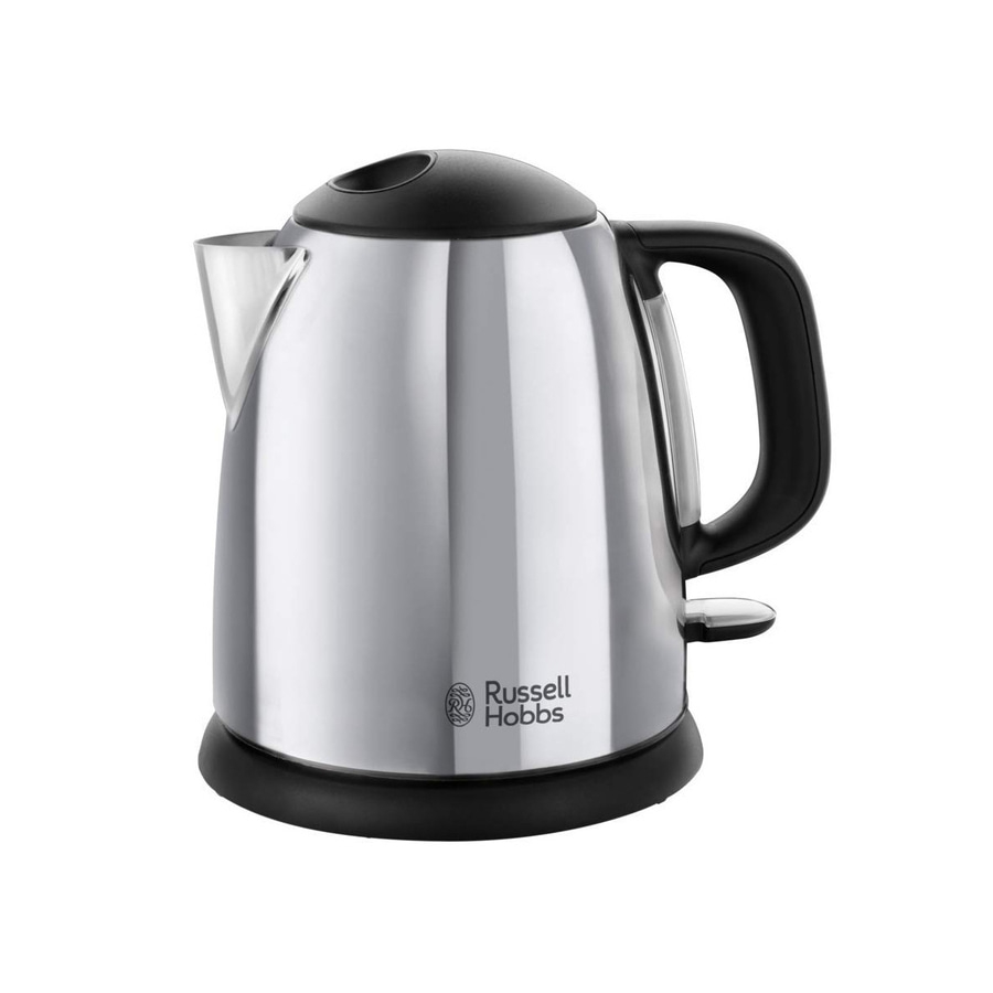 Edelstahl-Wasserkocher mit schwarzem Griff und Deckel, Russell Hobbs Logo
